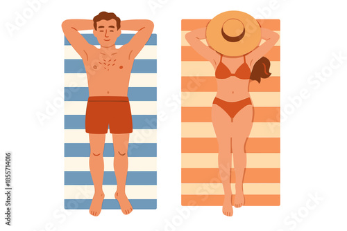 Couple sunbathing on beach towels