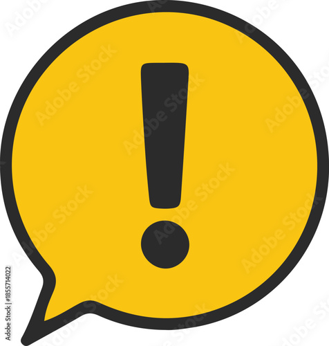 Yellow speech bubble icon with black exclamation mark alert symbol for notification attention warning and important information isolated on a white background.