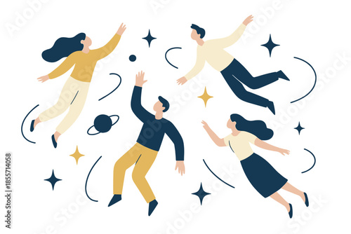 Four people floating in space with glowing light