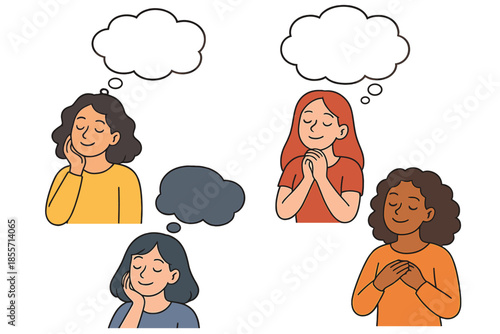 Diverse people thinking with thought bubbles