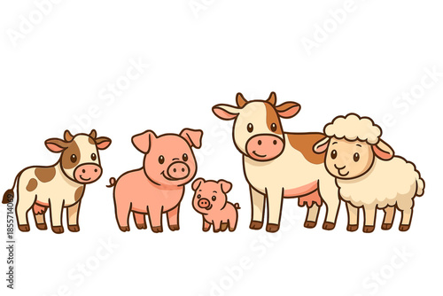 Cute cartoon farm animals standing together
