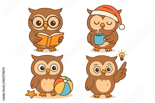 Four cute cartoon owls in different scenarios