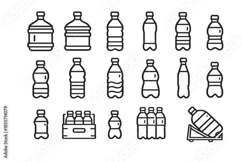 Plastic water bottle line icons set