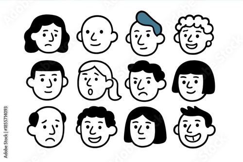 Set of Diverse Cartoon Faces Expressing Different Emotions