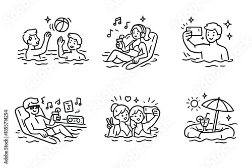 Summer Vacation and Pool Activities Doodle Set