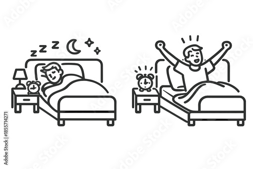 Man sleeping and waking up in bed line icons