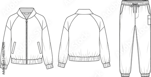 Men tracksuit technical flat sketch showing jacket front back view and jogger pants, sportswear apparel cad drawing illustration