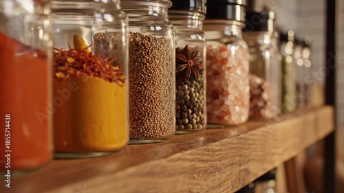 Spice jars on wooden shelf, variety of colorful seasonings