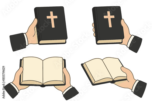 Hands holding open and closed bibles with crosses