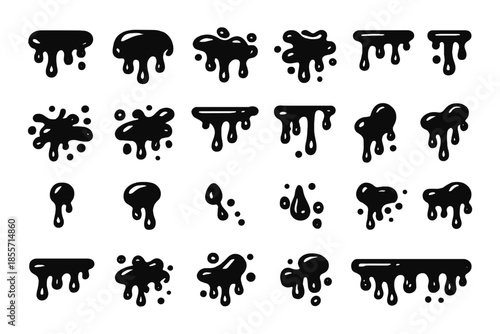 Collection of black dripping liquid blobs and splatters