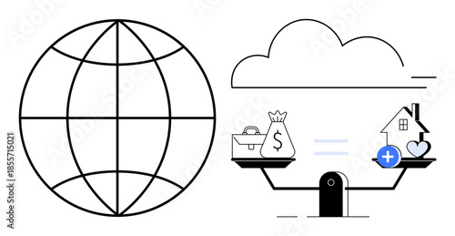 Financial balance. with scales weighing money versus lifestyle elements under a cloud and globe backdrop. Financial planning, global economy, and tech integration. For fintech, economy analysis