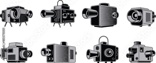 Collection of vintage film and slide projectors in a retro woodcut style, symbolizing cinema, movie making, history of technology, presentation, and old-fashioned media equipment.