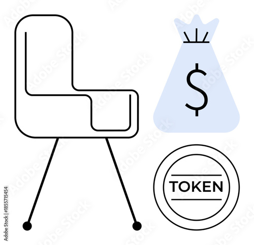 Minimalist line design featuring modern chair, sack with dollar sign symbolizing wealth, and circular token. Ideal for finance, savings, investments, rewards, workplace, minimalism economic growth