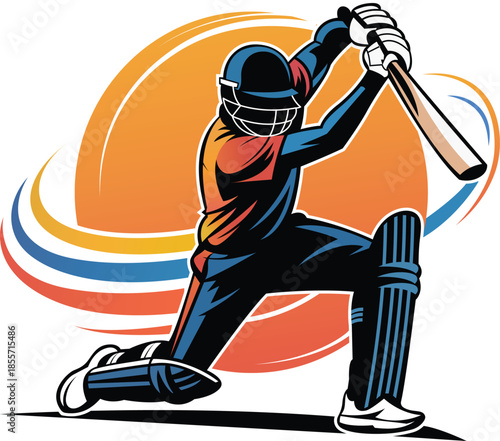 A dynamic cricket batsman in powerful batting action with energetic motion strokes, perfect for sports branding, tournament posters, team logos, apparel prints, social media graphics, and promotional 