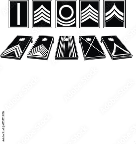 Cornhole board puzzle, geometric card matching, black white design vector, abstract game illustration, pattern recognition art, educational decor, stock graphic