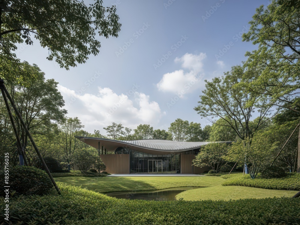 Obraz premium A modern house with a large lawn and trees in a natural setting with blue sky