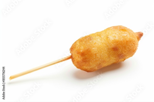 Delicious golden crispy fried mini corn dog on a wooden stick popular on transparent background