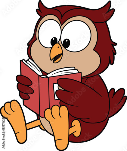Cute cartoon owl character sitting and reading a red book, wise forest bird education concept, isolated flat vector storybook illustration.