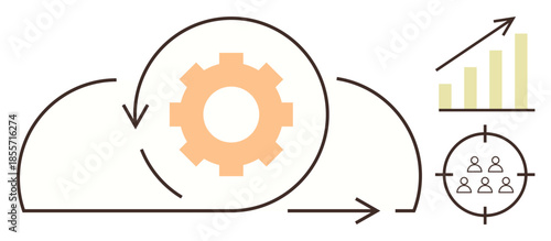 Gear within cloud, circular arrows for flow target with people and bar chart for growth. Ideal for teamwork, productivity, strategy, cloud computing, business growth, collaboration, simple flat