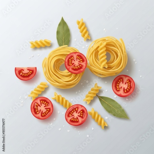 Wallpaper Mural A top-down view of uncooked pasta with tomatoes, bay leaves, and salt Torontodigital.ca