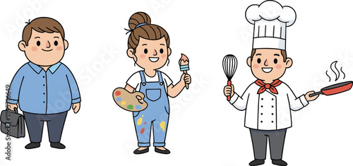 Diverse professional character set, businessman with briefcase, female artist with palette, chef in uniform with whisk and pan, flat cartoon vector.