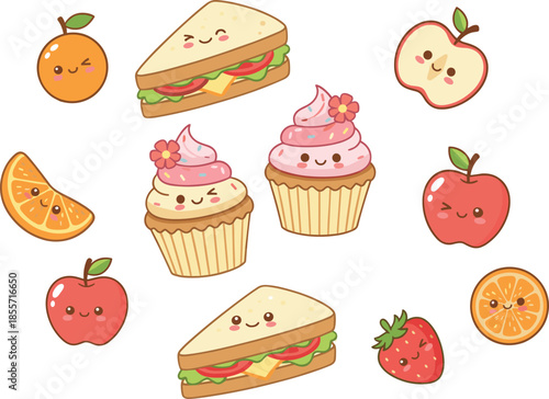Cute kawaii food vector set, happy sandwiches, sweet cupcakes, fresh apples, oranges, strawberries, isolated characters for stickers, kids menu, and decor.