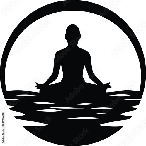 Silhouette of a person meditating peacefully in a lotus pose on calm water inside a circular frame
