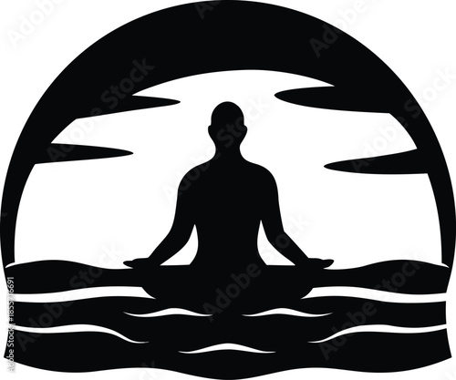 Silhouette of a person meditating peacefully in a classic lotus pose above serene wavy water