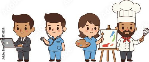 Career set of cute cartoon professionals, including businessman, doctor, artist, and chef, flat vector illustrations for children education, jobs, occupations.