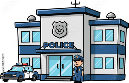 Police, station, building, cartoon, vector, illustration, officer, standing, in, front, of, precinct, with, patrol, car, security, public, safety, law, enforcement.