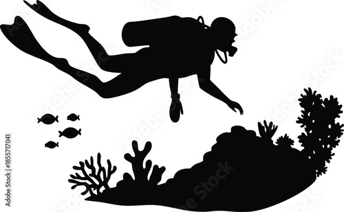 Silhouette of a scuba diver exploring vibrant underwater coral reefs with small fish swimming nearby