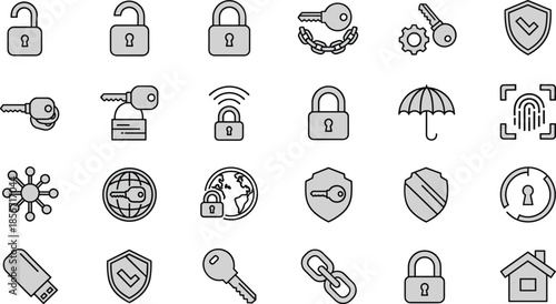 Cybersecurity icon set, padlock shield key fingerprint chain USB vector, data protection artwork, secure connection design, privacy artwork