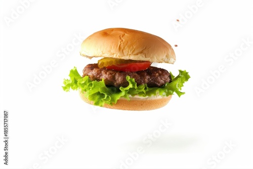 Delicious classic burger floats Fresh gourmet hamburger juicy patty crisp on transparent background
