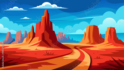 Vibrant cartoon desert landscape with towering red rock formations under a bright blue sky