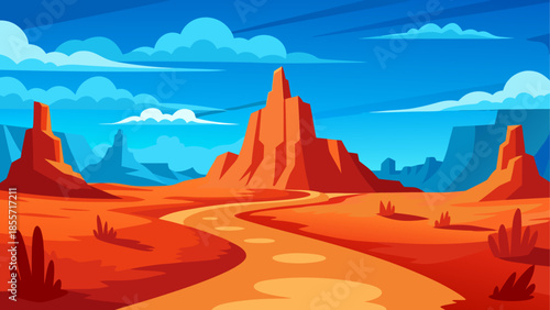 Vibrant cartoon desert landscape with towering red rock formations under a bright blue sky