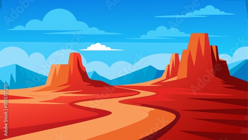Vibrant cartoon desert landscape with towering red rock formations under a bright blue sky