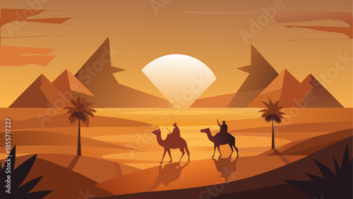 Vibrant cartoon desert landscape with towering red rock formations under a bright blue sky