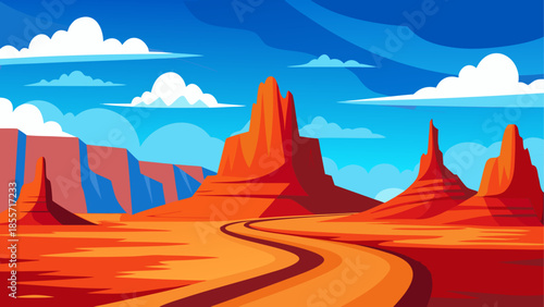 Vibrant cartoon desert landscape with towering red rock formations under a bright blue sky