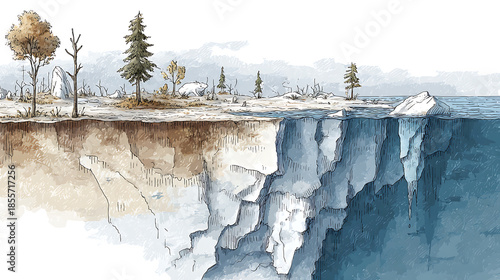 An illustration of permafrost melting due to increase in global average temperature