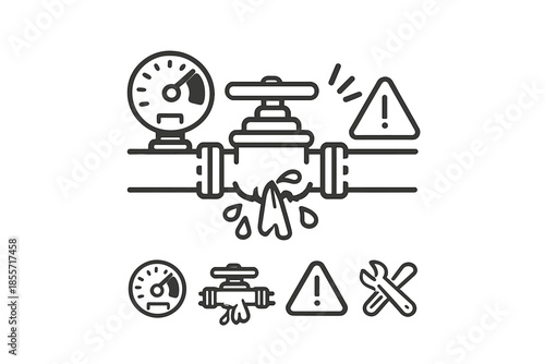 Industrial pipe leak warning icons set