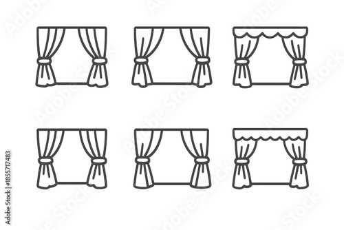 Six stylized icons of curtains on a dark background