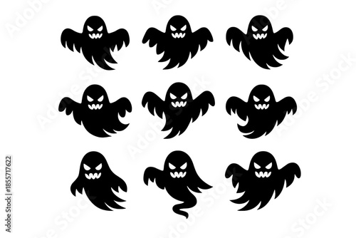 Spooky Halloween ghosts with glowing white eyes and mouths