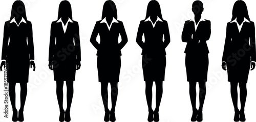Group of professional businesswoman silhouettes in formal suits and skirts standing in a row for corporate leadership and female empowerment