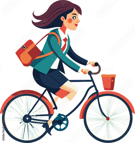 Cool Businesswoman riding bicycle to office, drinking coffee to go on the way.