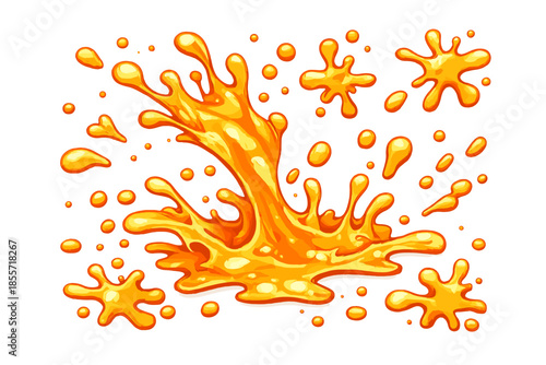 Orange liquid splashes and droplets against a gradient background