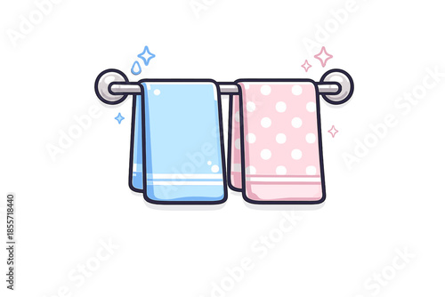 Clean Blue and Pink Towels on a Towel Rack
