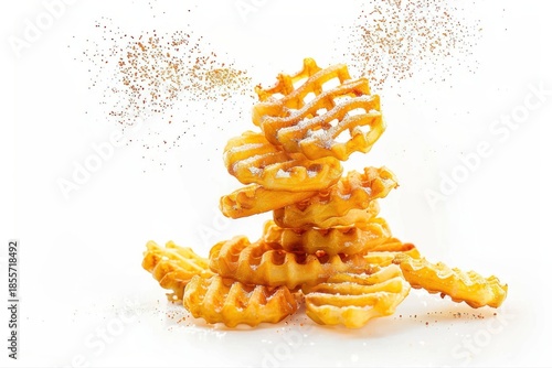 Golden crispy waffle fries stacked high powdered sugar cinnamon spice on transparent background