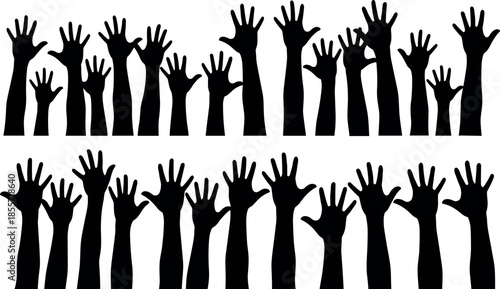 Silhouette of diverse hands raised in unity, community inclusion concept, multicultural crowd reaching up, volunteer teamwork, human rights advocacy vector.