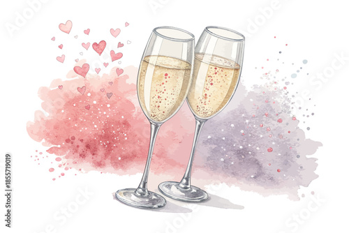 Watercolor Champagne Glasses isolated on white background