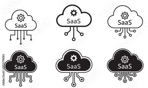 A collection of cloud computing saas icons with gear and circuit elements